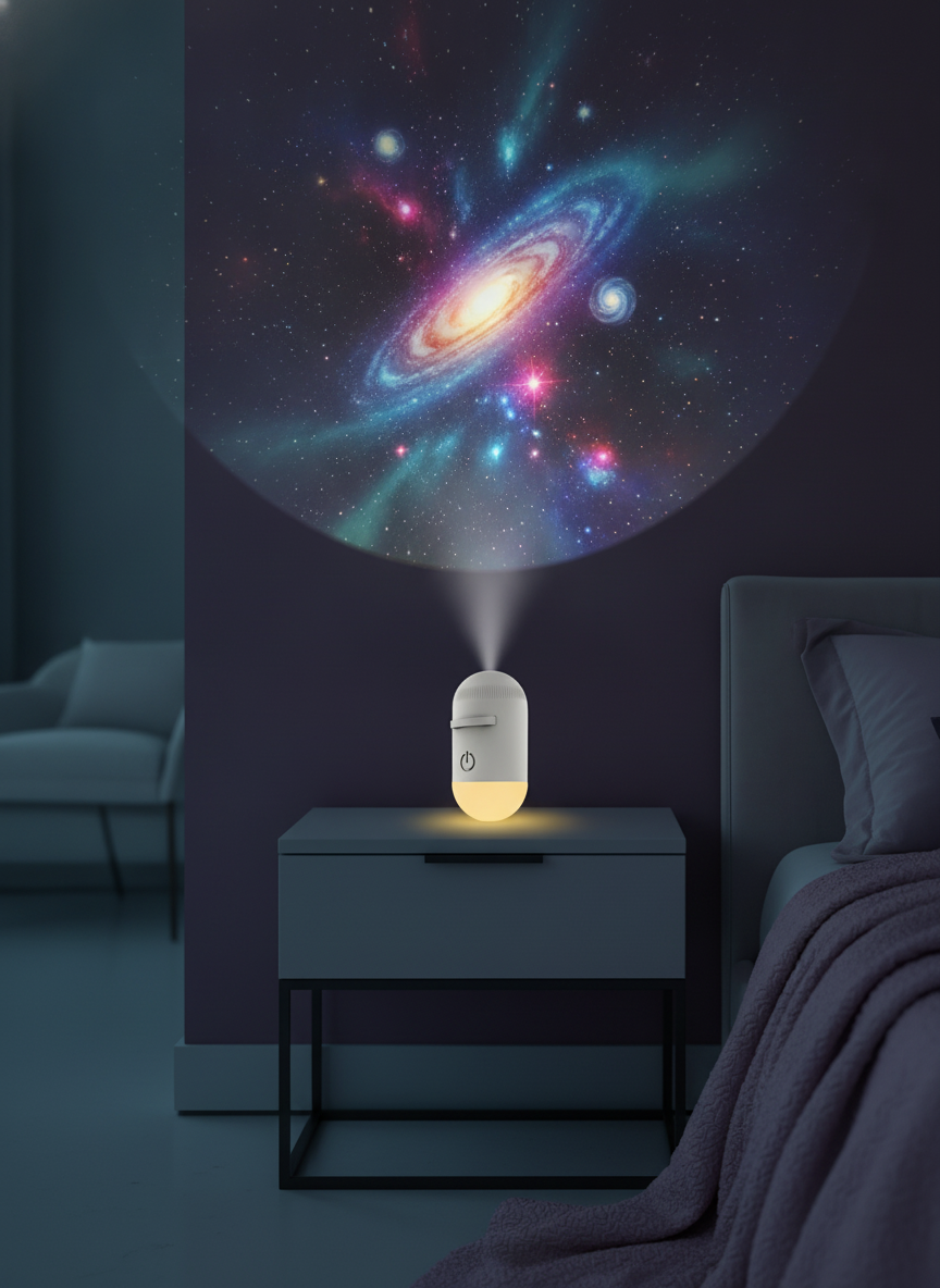 Galaxy Star Projector Night Light on a nightstand, projecting a rotating galaxy onto a deep plum wall, with a dusty lilac fab