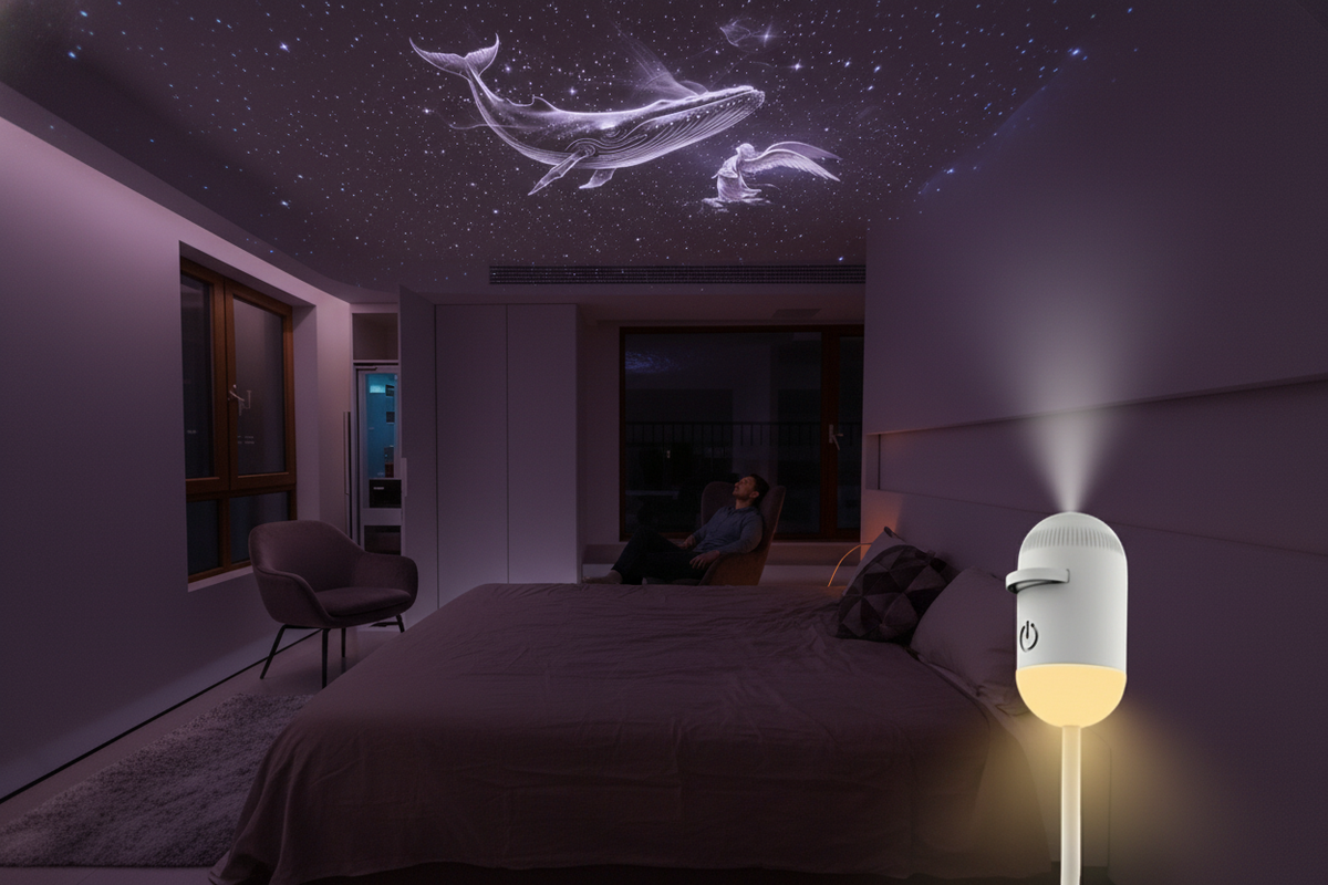 Galaxy Star Projector Night Light illuminating a bedroom with stars and nebulae. A person relaxes in the background.